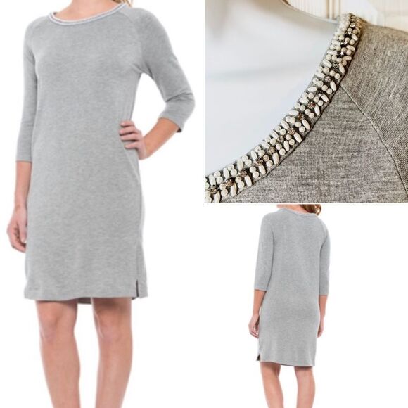Philosophy Beaded Neck Tshirt Dress 3/4 Sleeves Grey Marled M - Picture 1 of 11